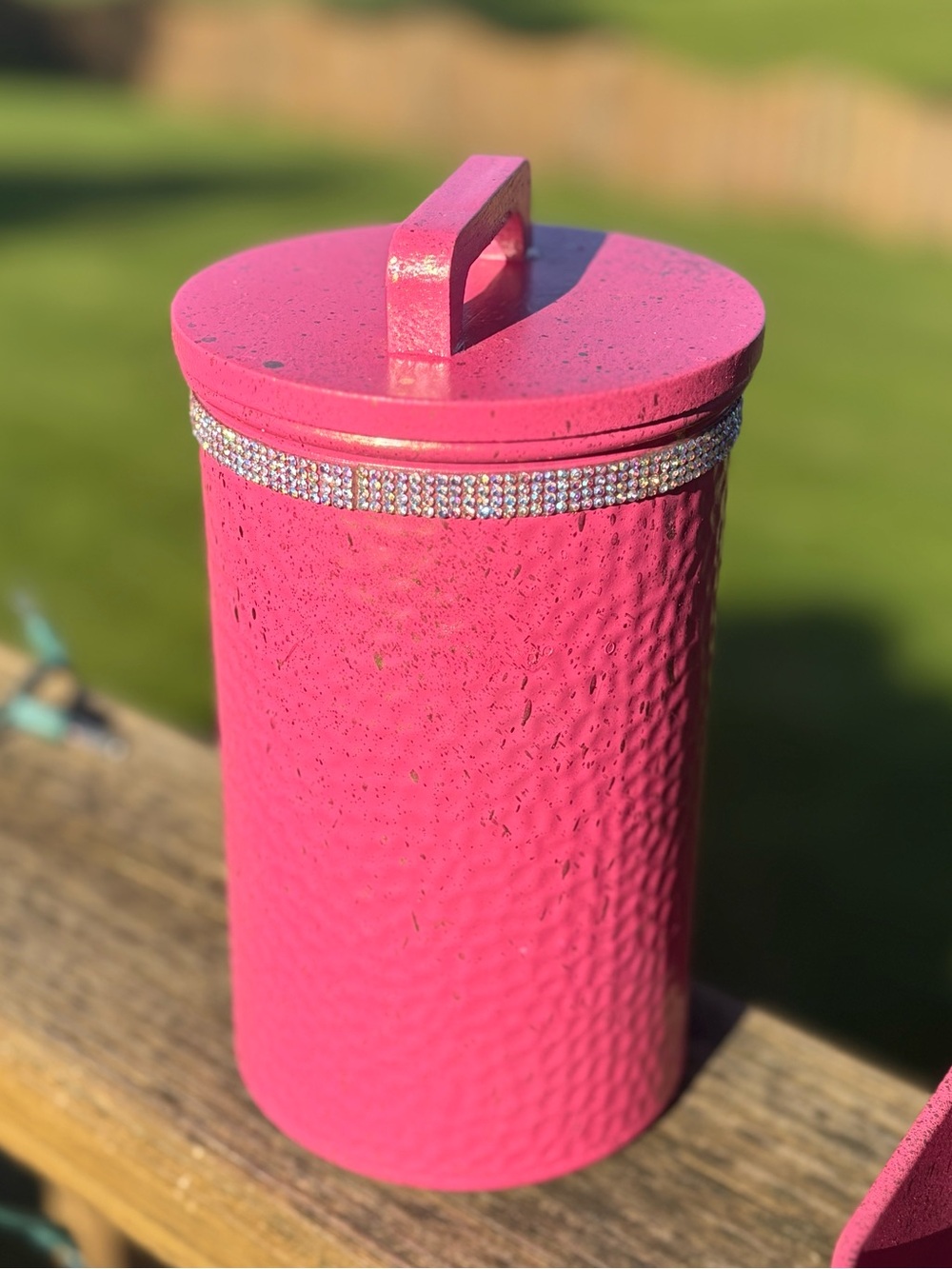 Hot Pink with/metallic gold splash -Rhinestone accented glass Canister with lid.